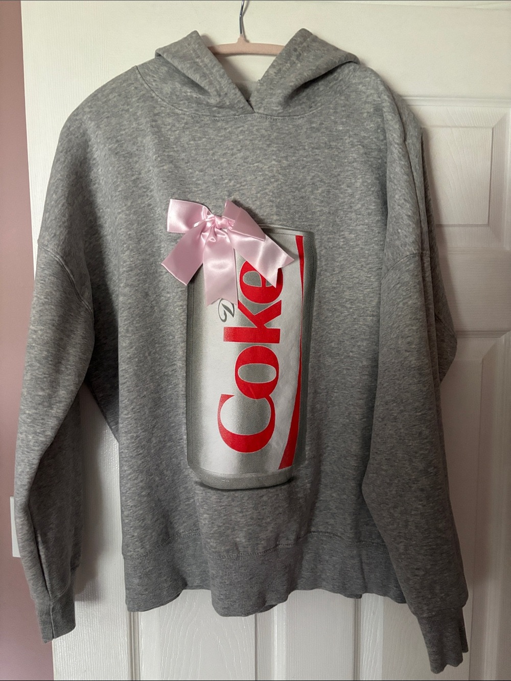 Grey Cowl-Neck Hoodie Sweater with Pink Bow and Can Graphic